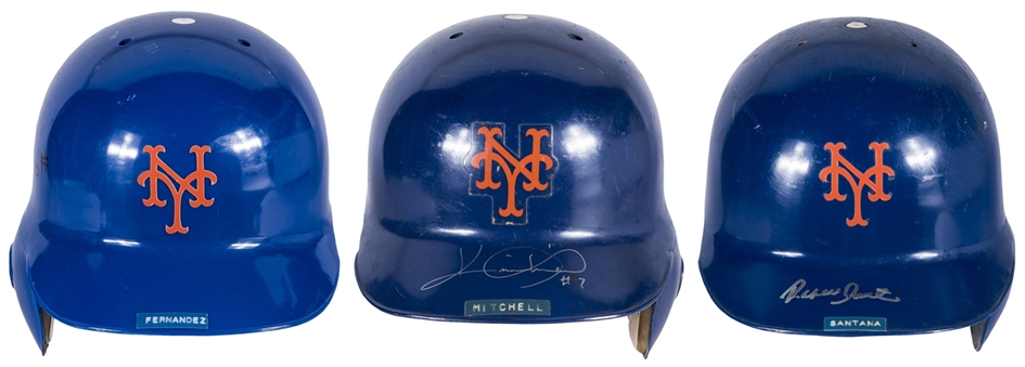 Lot of (3) 1980s & 1990s New York Mets Game Used & Signed Batting Helmets - Fernandez, Mitchell & Santana (JT Sports & Beckett)